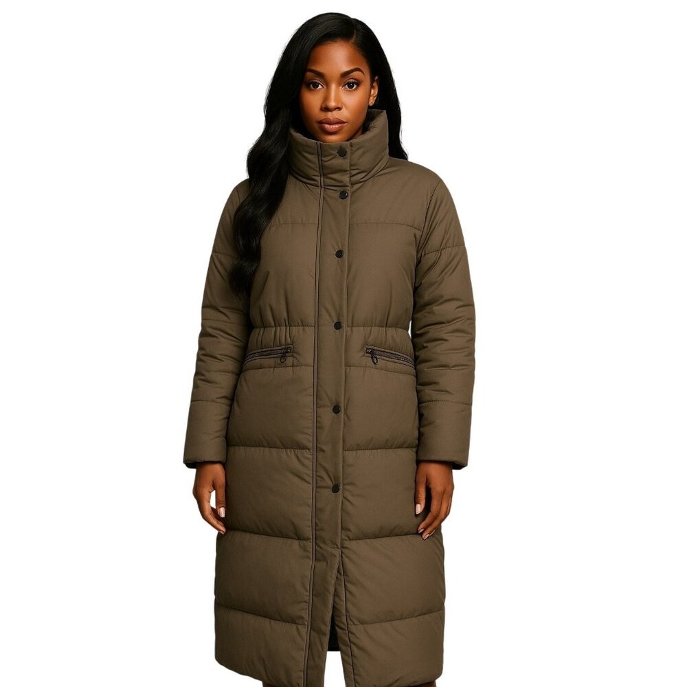 ZARA Women’s Long Puffer Coat XS Taupe Quilted Down Jacket High Neck Winter Warm